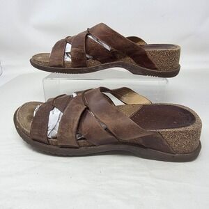 Clarks Leather Slide Sandals Womens 8M Brown Wedge Strappy Slip On 30673 Good